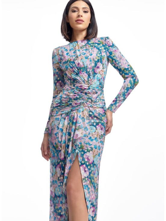 Dress the Population Dresses & Skirts - Romera Metallic Floral Print Ruched Long-Sleeve Maxi Dress in Multicolor